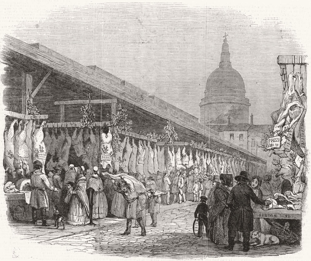 LONDON. Christmas. Newgate market, Eve 1845 old antique vintage print picture