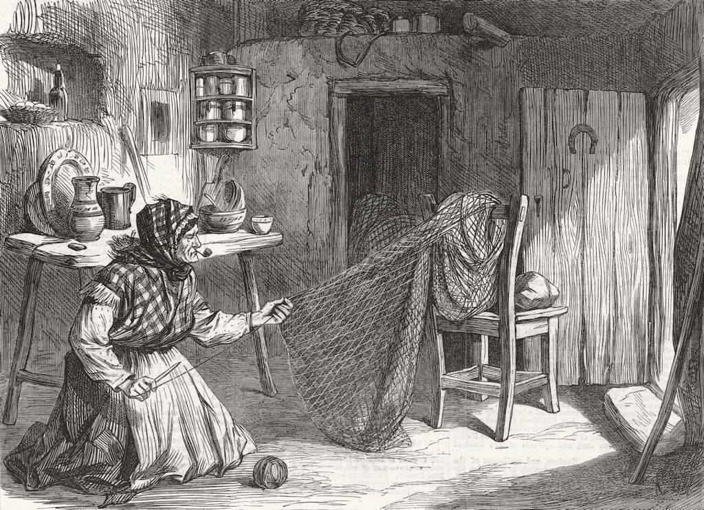 IRELAND. Woman making nets, Claddagh, Galway 1870 old antique print picture