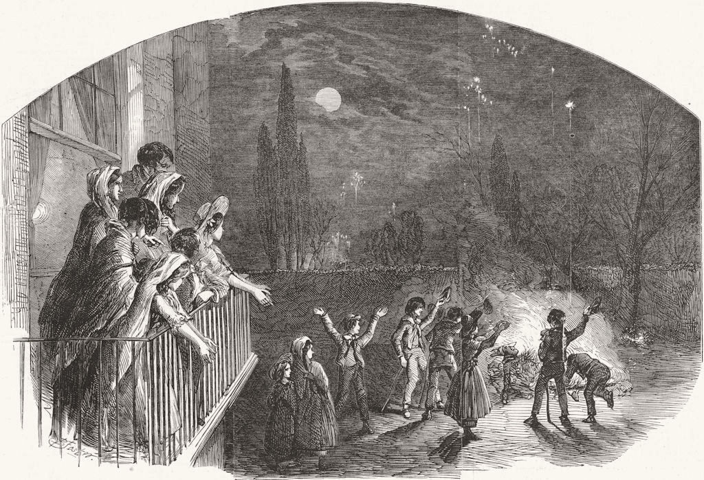 CHILDREN. Fireworks on guy fawkes day 1851 old antique vintage print picture