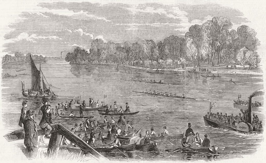 Associate Product BOAT RACE. Oxford draw ahead, Bishop's walk, Fulham 1859 old antique print