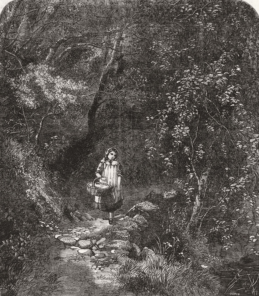 CHILDREN. Girl basket woods path 1859 old antique vintage print picture