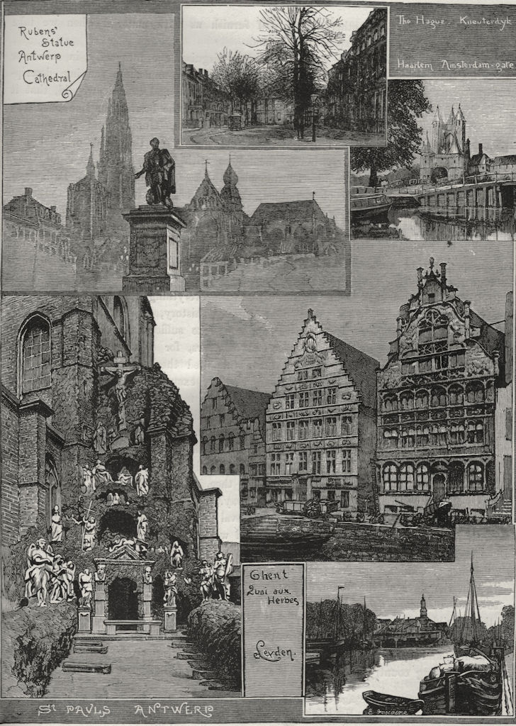 Associate Product HOLLAND & BELGIUM. The Hague, Leyden, Haarlem, Antwerp & Ghent 1882 old print