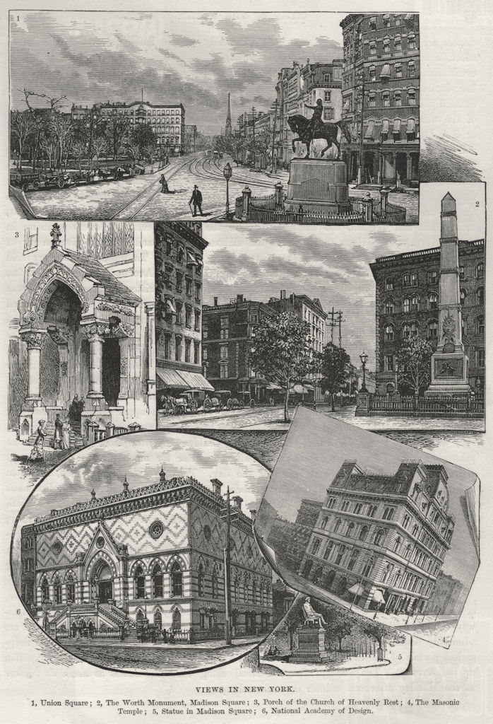 NYC. Union/Madison Squares Worth Mnmt Masonic Temple Design Academy 1882 print