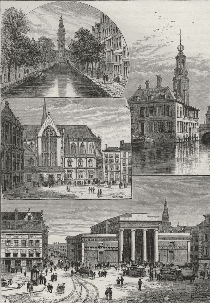 AMSTERDAM. South Church; Mint Tower; Dam Square; Exchange 1882 old print