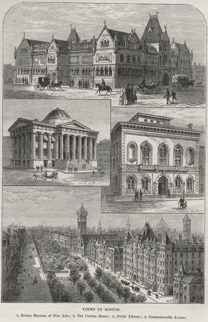 BOSTON. Museum of Fine Arts Custom House Public Library Commonwealth Avenue 1882