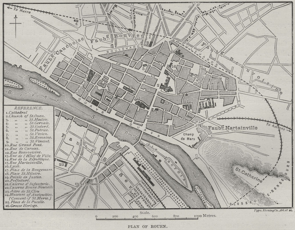 Associate Product ROUEN. Plan of Rouen 1882 old antique vintage map chart