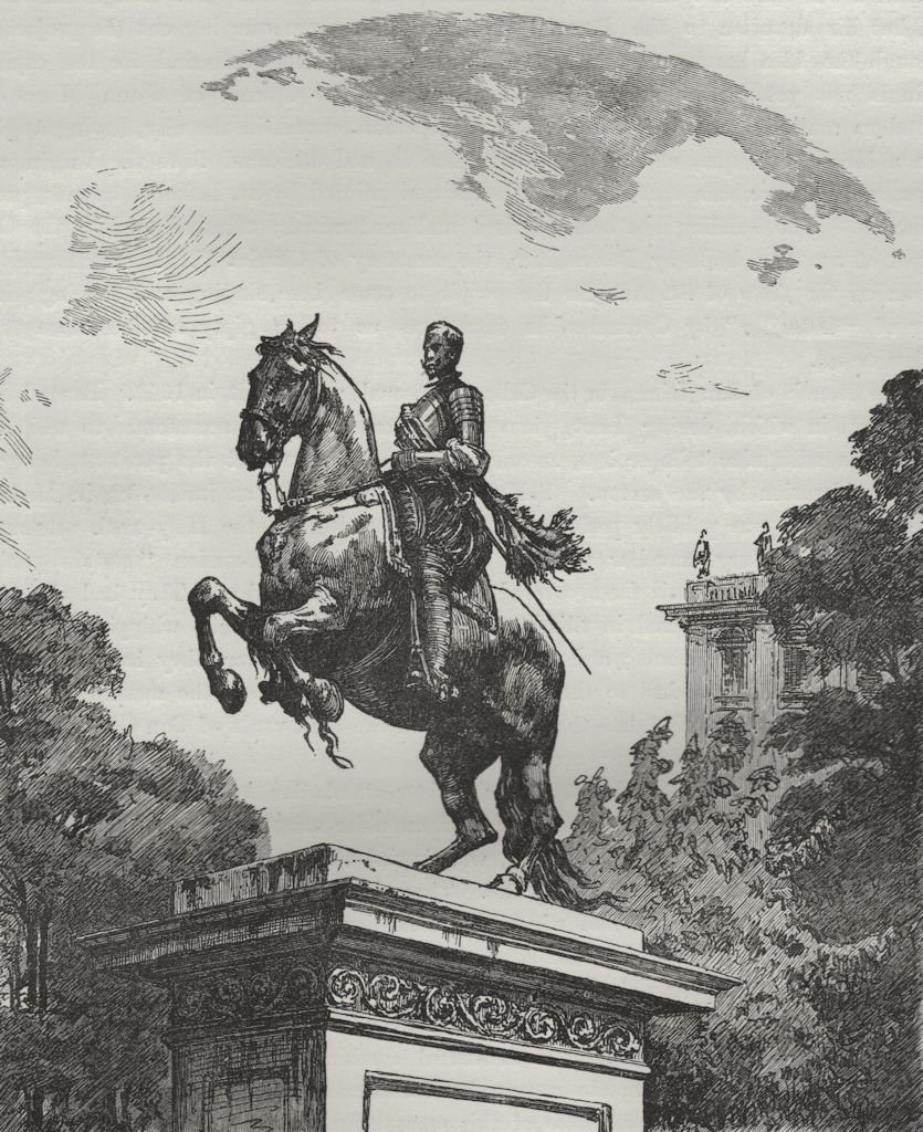 MADRID. Statue of Philip IV on the Plaza de Oriente 1882 old antique print