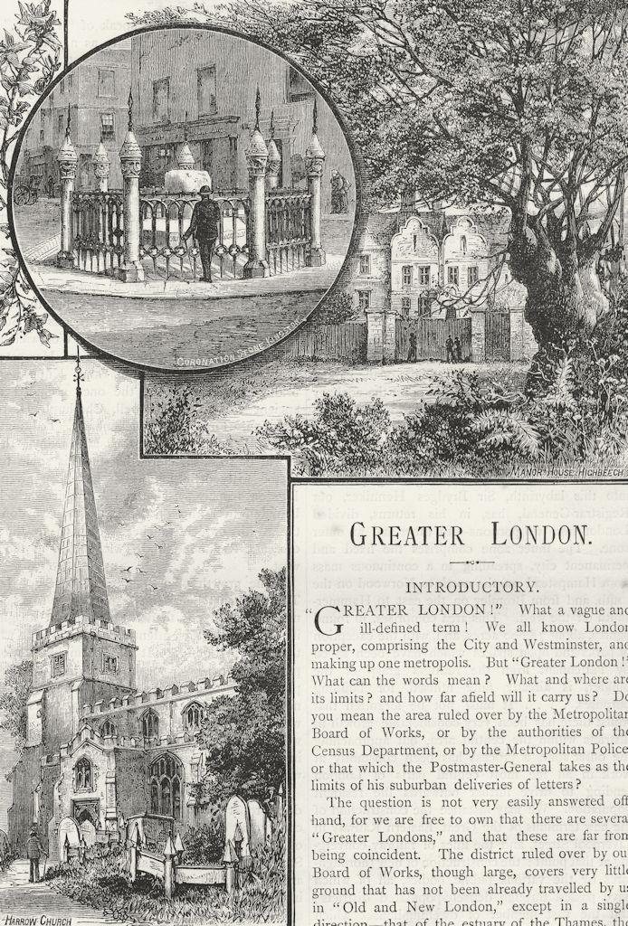 Associate Product LONDON. Coronation Stone, Kingston; High Beech; Harrow 1888 old antique print