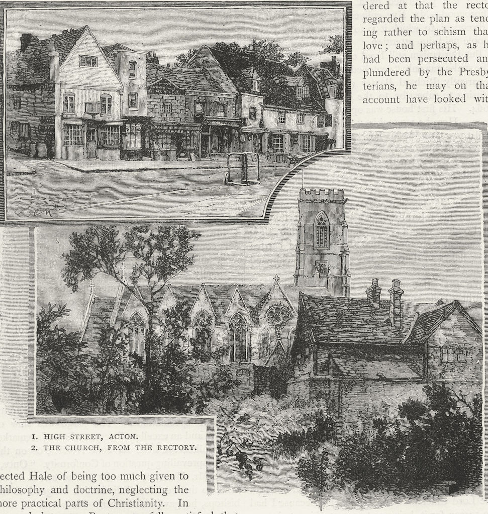 Associate Product ACTON. High Street, Acton; The Church, from the Rectory 1888 old antique print