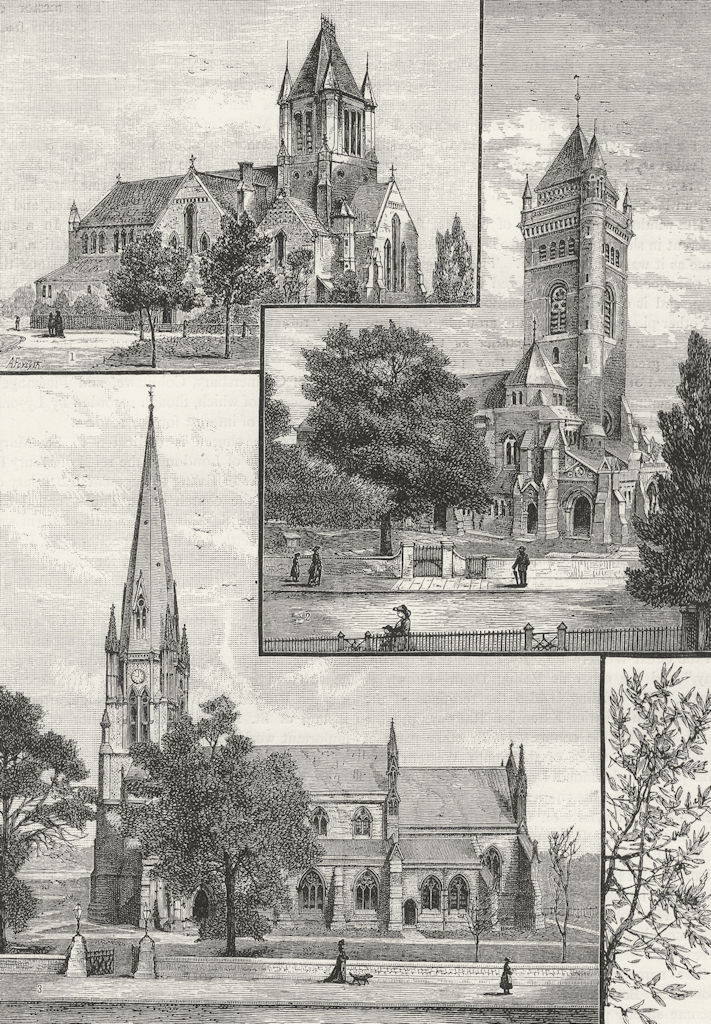EALING CHURCHES. St John's; St Mary's parish church; Christ Church 1888 print