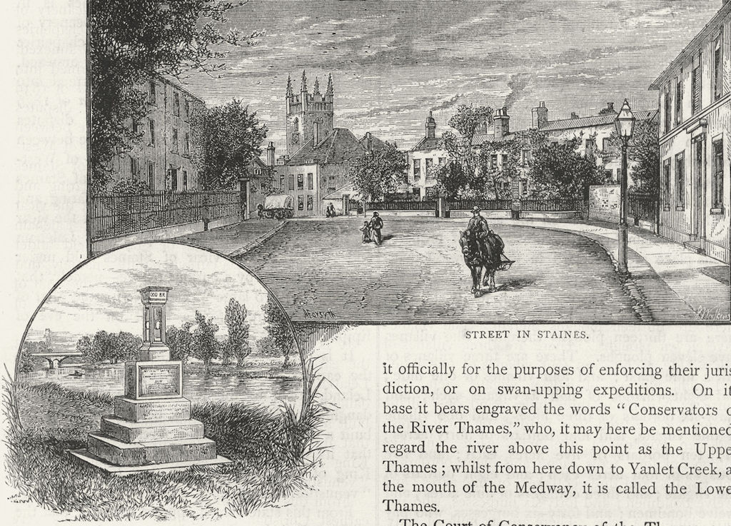 Associate Product STAINES. Street in Staines; The city Boundary Stone. Surrey 1888 old print