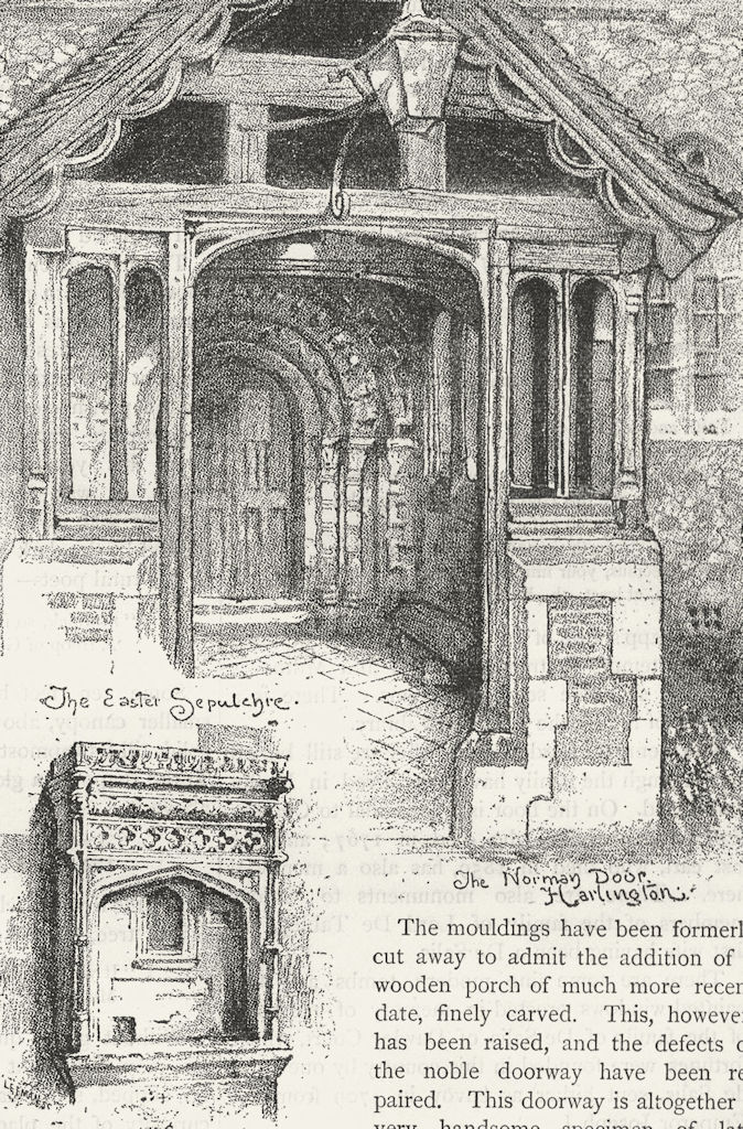 HARLINGTON CHURCH. The Easter Sepulchre; The Norman door 1888 old print