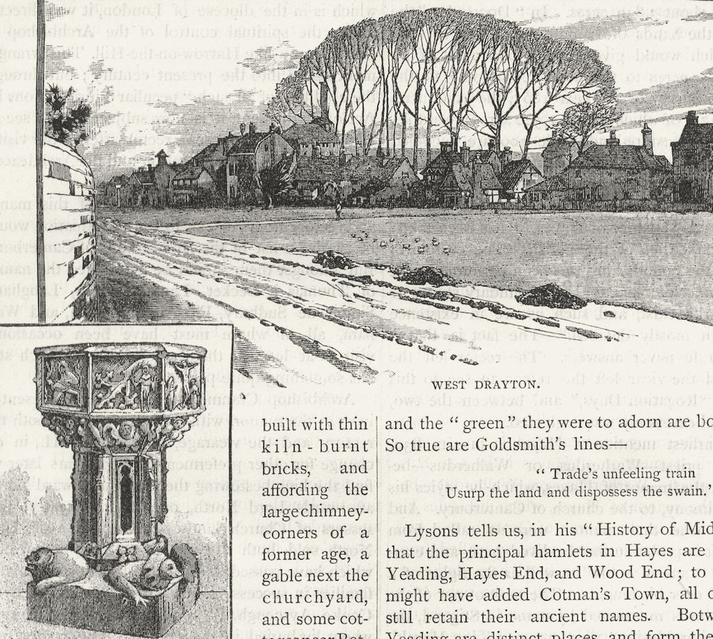 WEST DRAYTON. View of West Drayton; Font in West Drayton Church 1888 old print