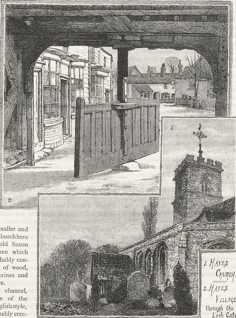 Associate Product HAYES. Hayes Church; Hayes Village through the Lych Gate 1888 old print