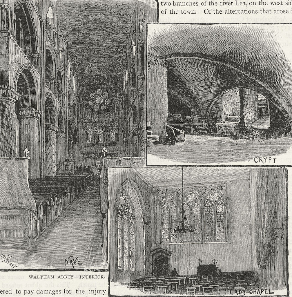 WALTHAM ABBEY. Interior. Nave, Crypt, Lady Chapel. Essex 1888 old print
