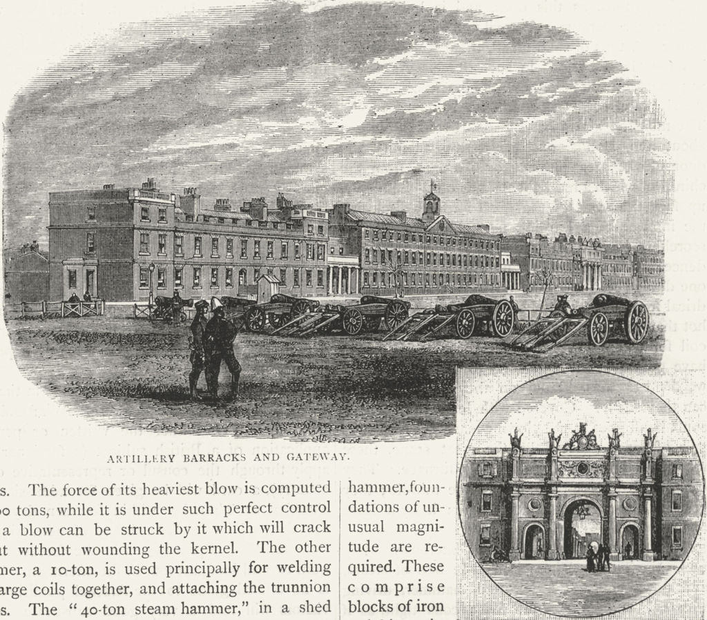 WOOLWICH DOCKYARD AND ARSENAL. Artillery Barracks and Gateway 1888 old print