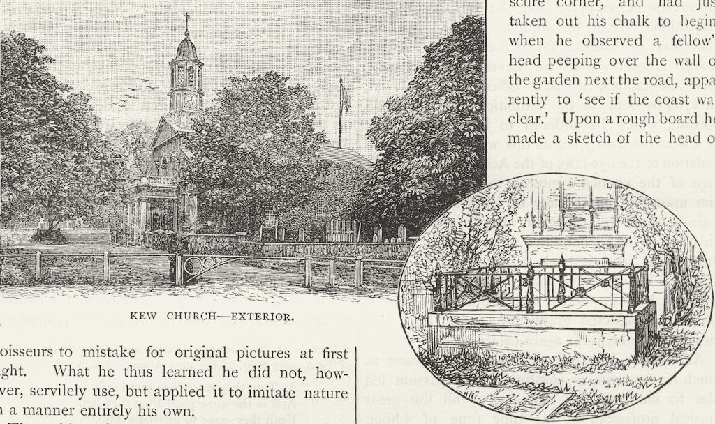 KEW. Kew Church-Exterior; Gainsborough's tomb 1888 old antique print picture