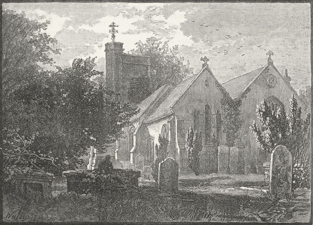 BARNES. Barnes Church 1888 old antique vintage print picture