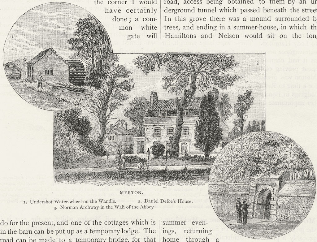 MERTON. Waterwheel, Wandle; Daniel Defoe's House; Norman Archway, Abbey 1888