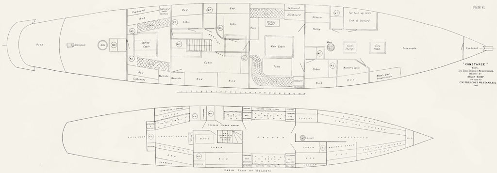 BOATS. Cabin plan. 'Beluga'; 'Constance' Yawl-LARGE 1891 old antique print