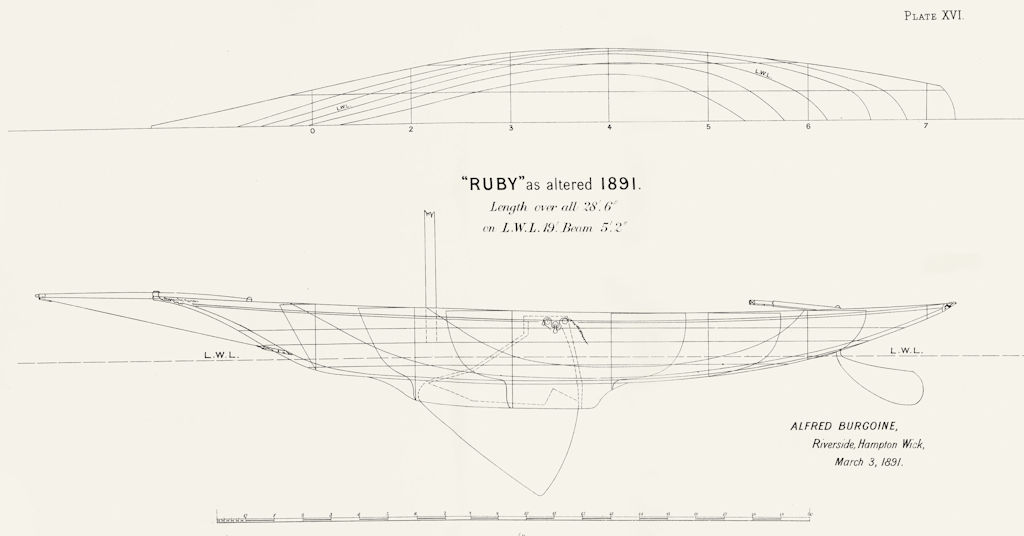 BOAT PLAN. 'Ruby'(altered, 1891)Burgoine 1891 old antique print picture