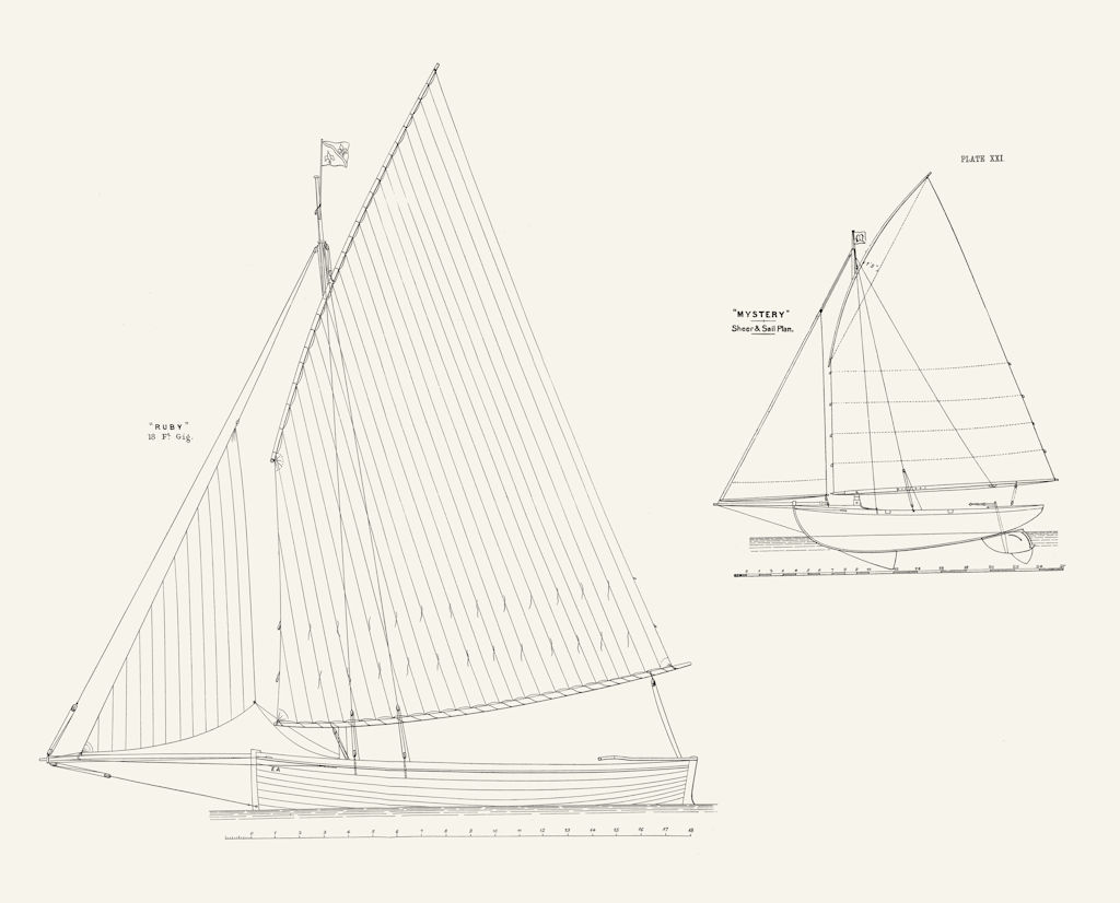 Associate Product SAIL PLANS. 'Ruby' 18 Ft Gig; 'Mystery' Sheer plan 1891 old antique print