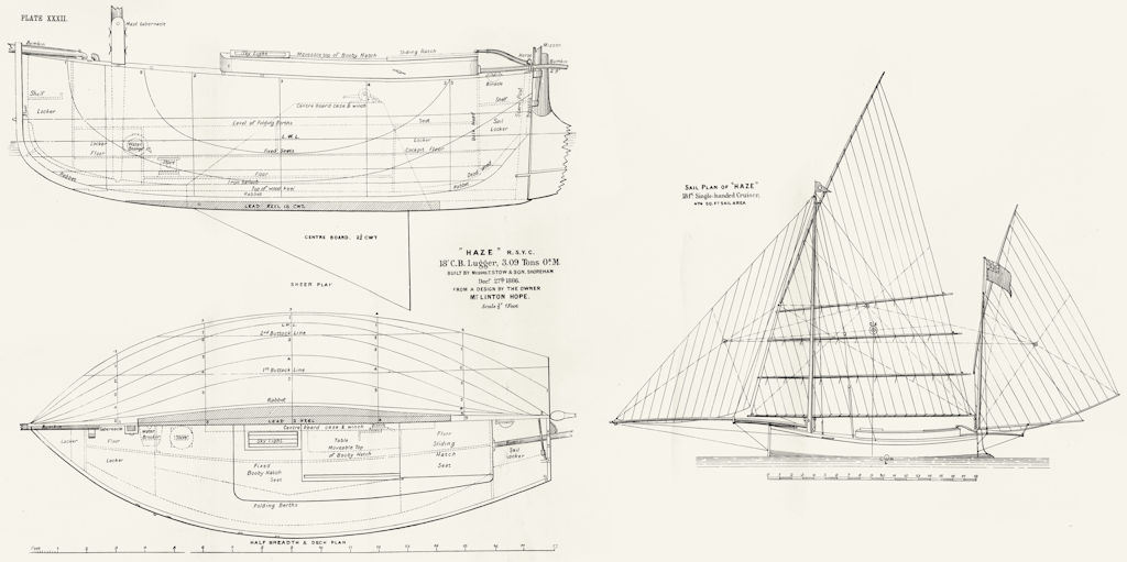 YACHTS. 'Haze' 18' Lugger, 3 Tons; sail plan, Shoreham 1891 old antique print