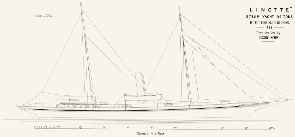 STEAM YACHT. 'Linotte' 94 tons, sail plan, Perignon 1891 old antique print