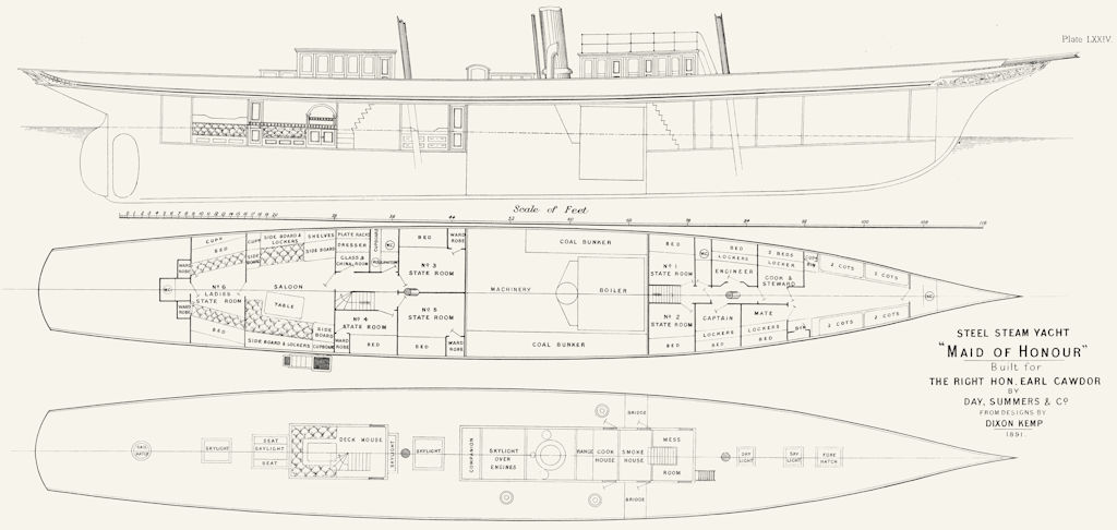 Associate Product STEAM YACHT CABIN PLAN. 'Maid of Honour'Earl Cawdor 1891 old antique print