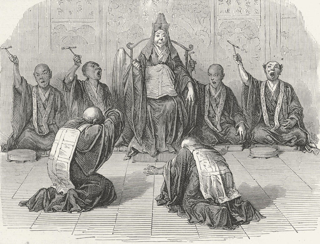 JAPAN. Buddhist high-priest worshipped, subordinates 1880 old antique print
