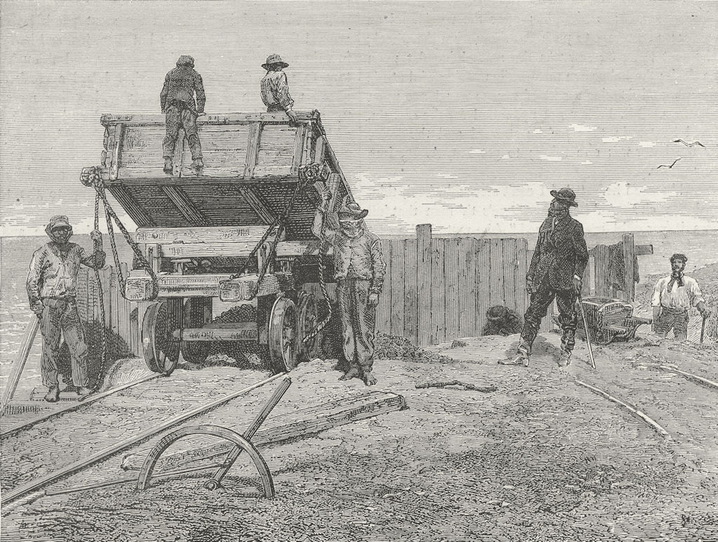 PERU. Chincha Islands. Discharging Guano-wagons 1880 old antique print picture