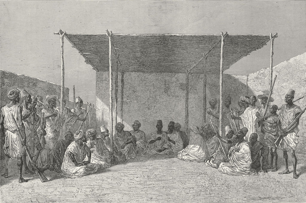 MALI. King Ahmadou presiding at a Palaver 1880 old antique print picture