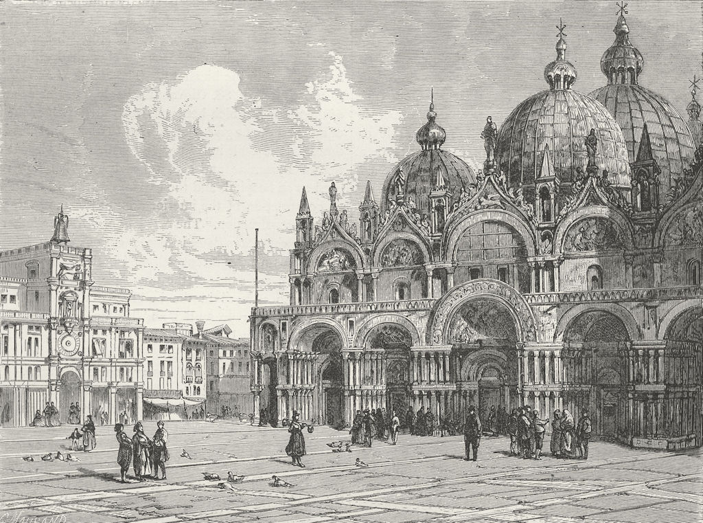 VENICE. Basilica of St Mark, from Piazza 1880 old antique print picture
