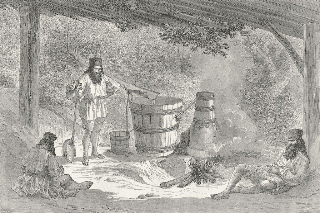 DRINK. Wallachians distilling Slievovitz 1880 old antique print picture