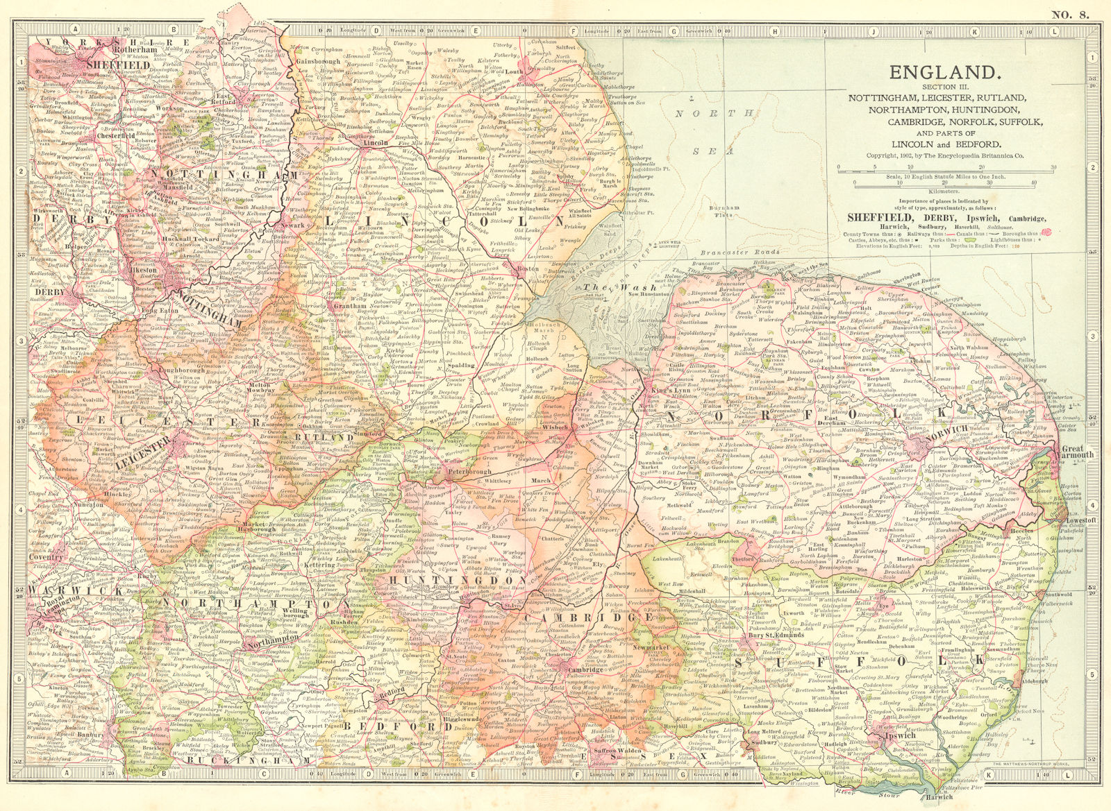 EAST ENGLAND. Midlands Anglia Notts Leics Hunts Norfolk Suffolk 1903 old map