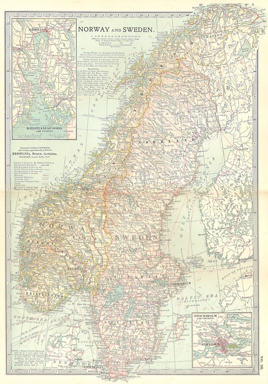 SCANDINAVIA. Norway, Sweden; Inset Oslo, Stockholm; Kristianiafjord 1903 map