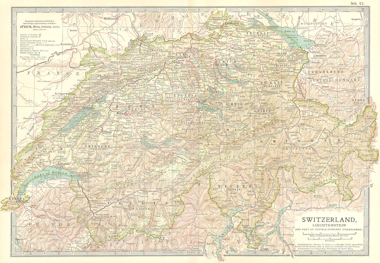 SWITZERLAND.Shows battles fought by Old Swiss Confederacy 1315–1799 1903 map