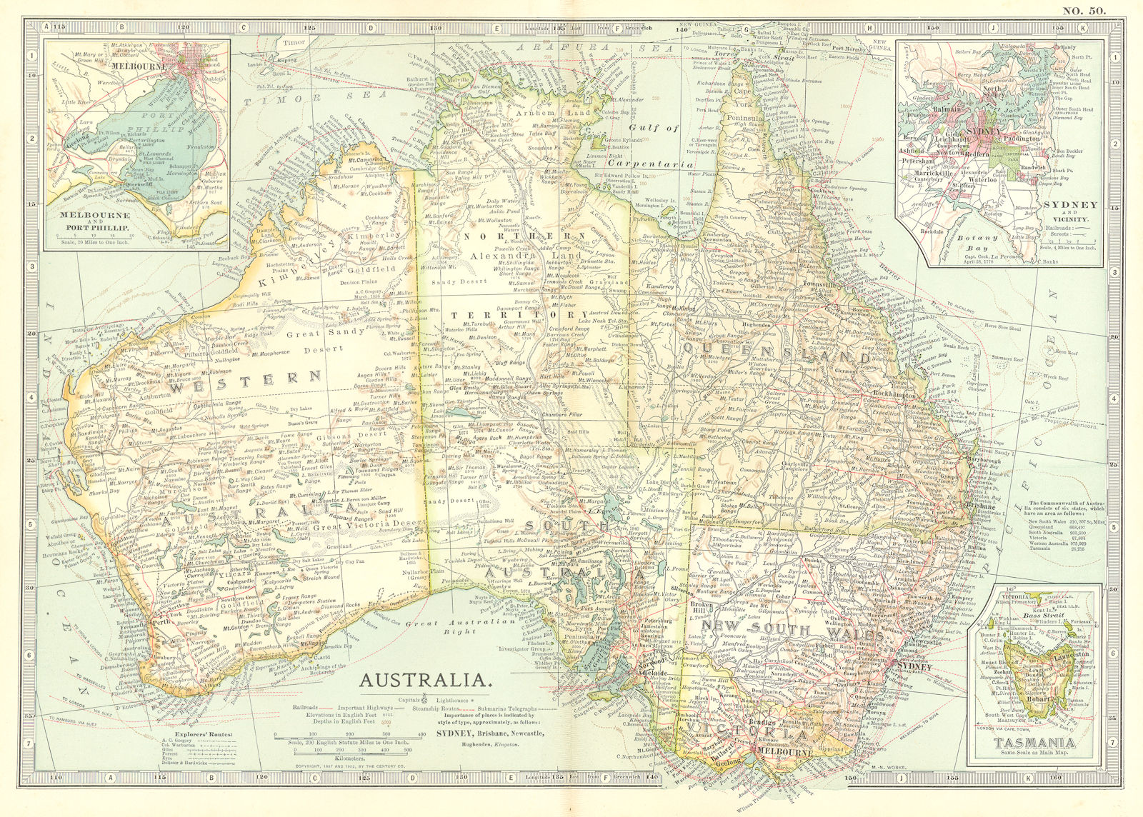 AUSTRALIA. Inset Melbourne, Port Phillip, Sydney Tasmania 1903 old antique map