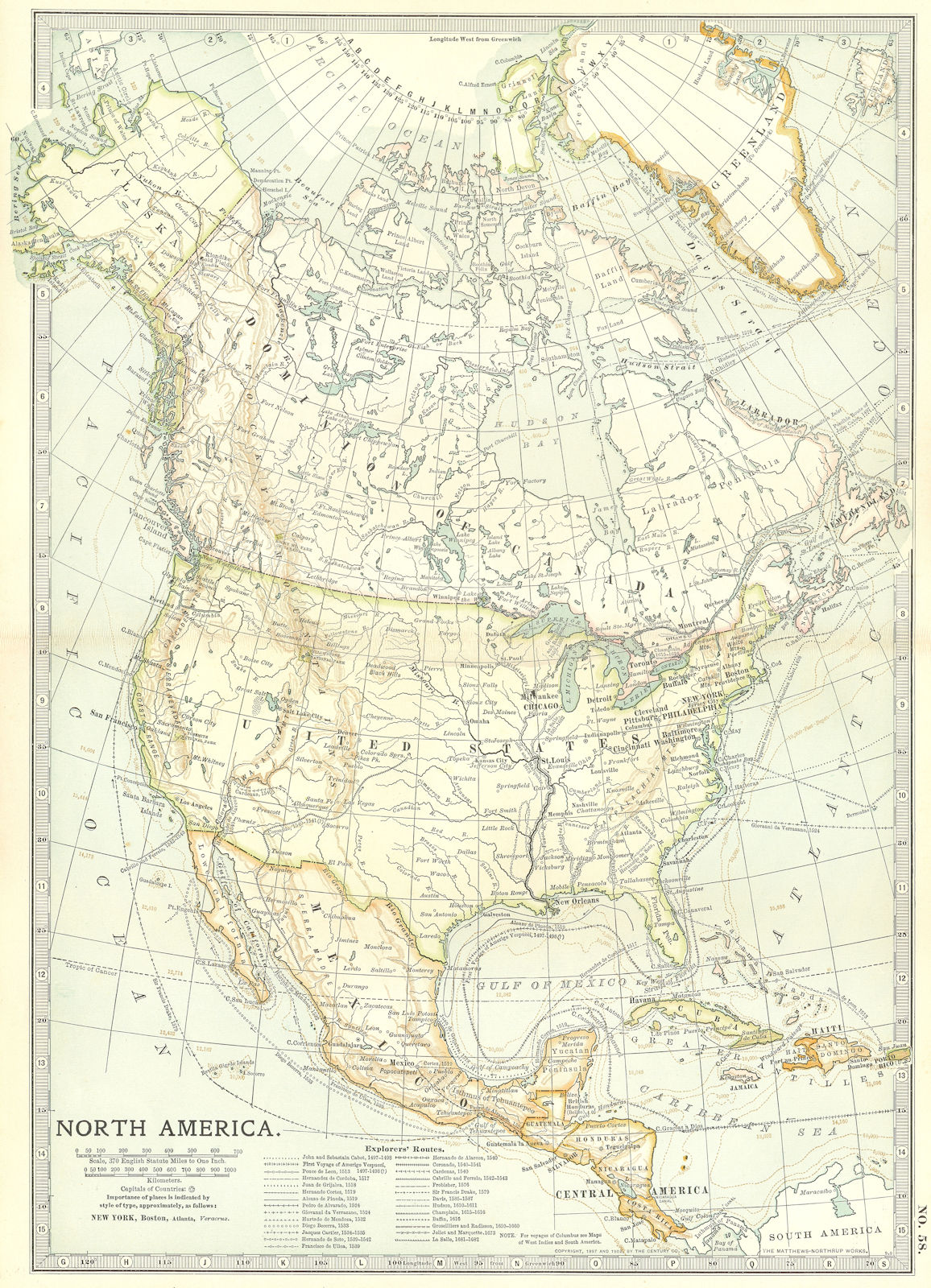 USA CANADA MEXICO. Explorers routes.Cabot Cortes Baffin Hudson Drake+ 1903 map