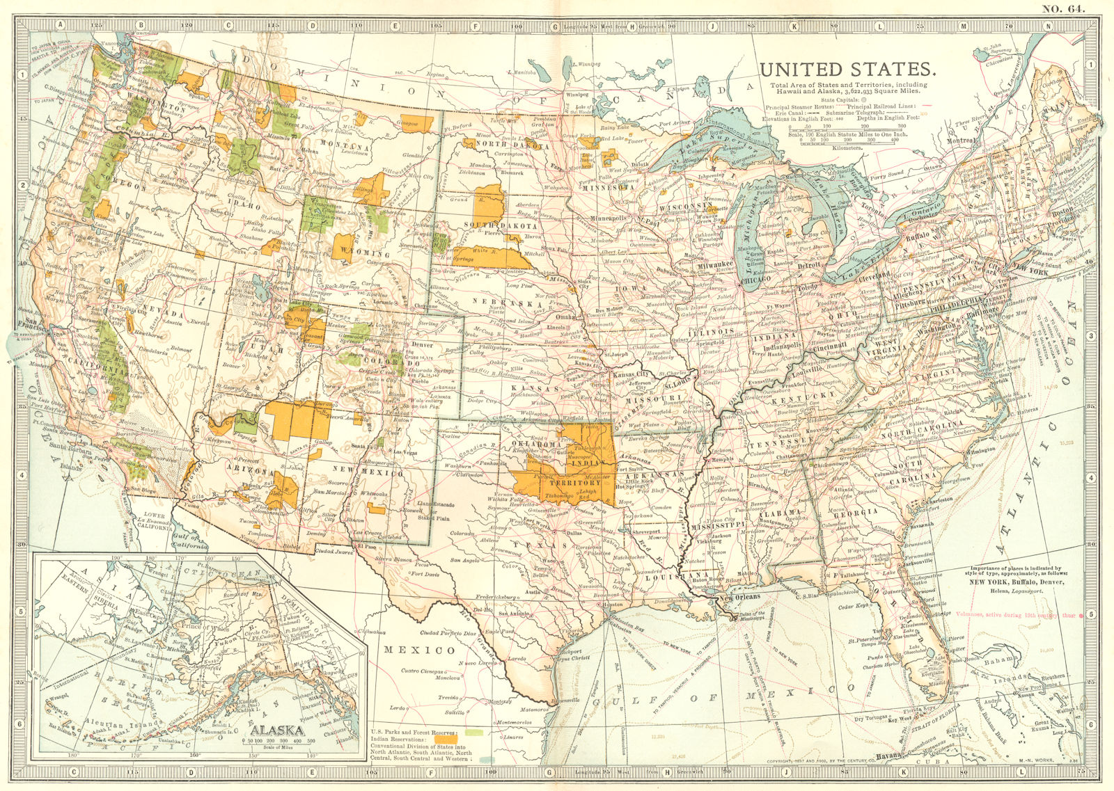 USA. United States showing Indian reserves, national park & forests 1903 map