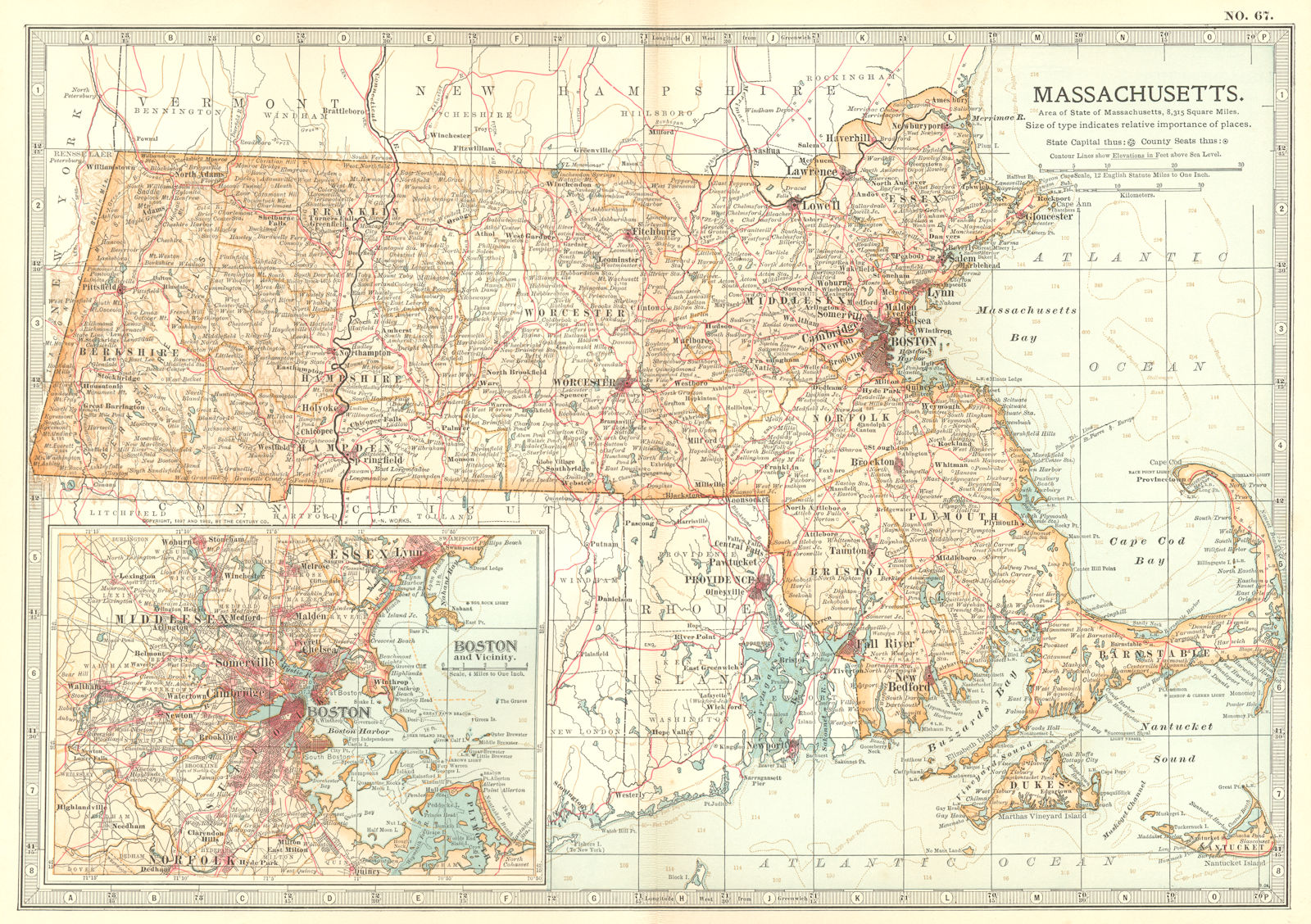 MASSACHUSETTS. State map. Inset Boston. Britannica 10th edition 1903 old