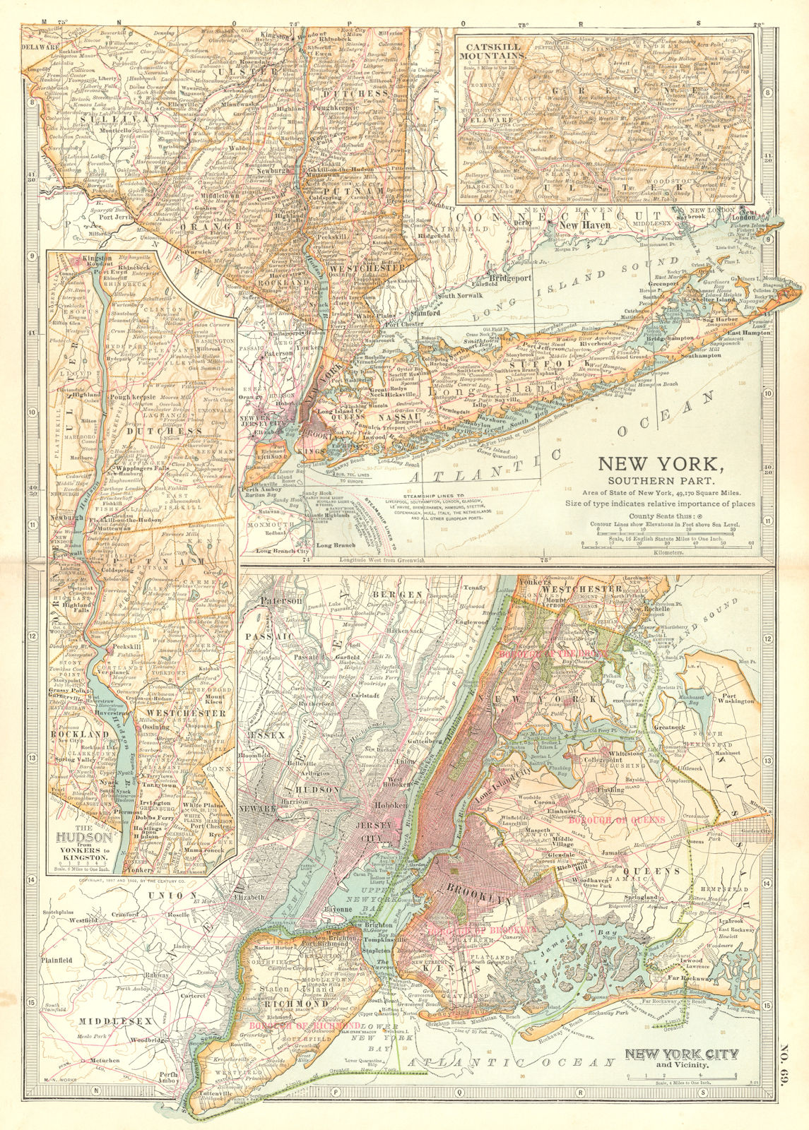 NEW YORK. South; New York City, Long Island; Inset Catskills, Hudson 1903 map