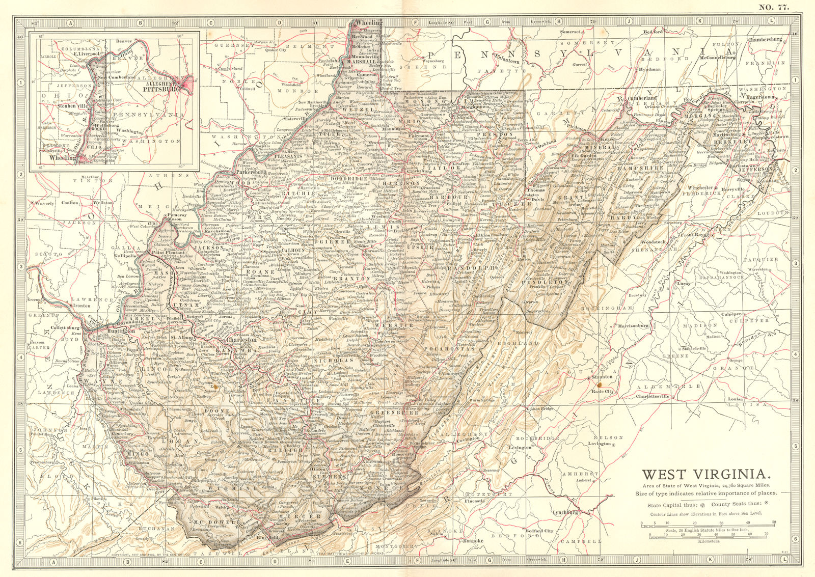 WEST VIRGINIA. State map showing counties. Britannica 10th edition 1903