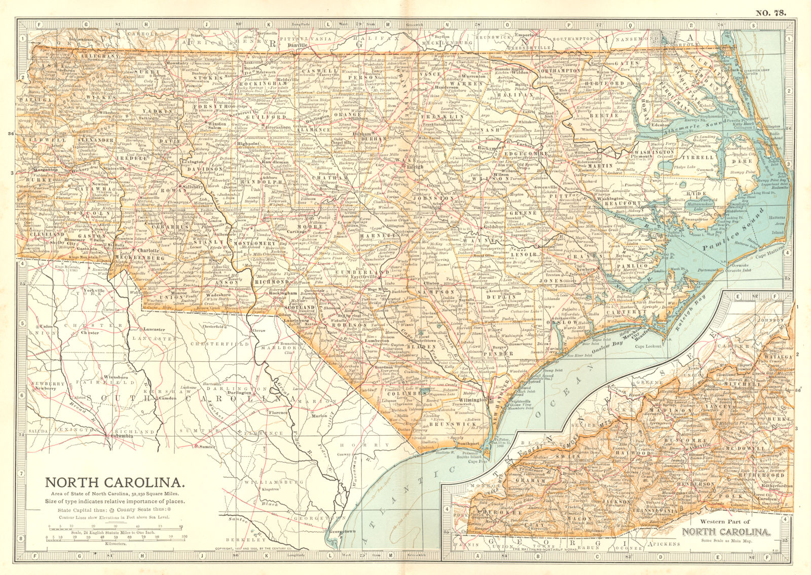 NORTH CAROLINA. State map. Shows revolutionary & civil war battlefields 1903