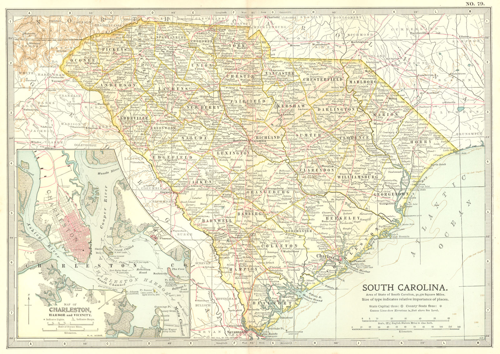 SOUTH CAROLINA. State map shows Civil War battlefields.Inset Charleston 1903