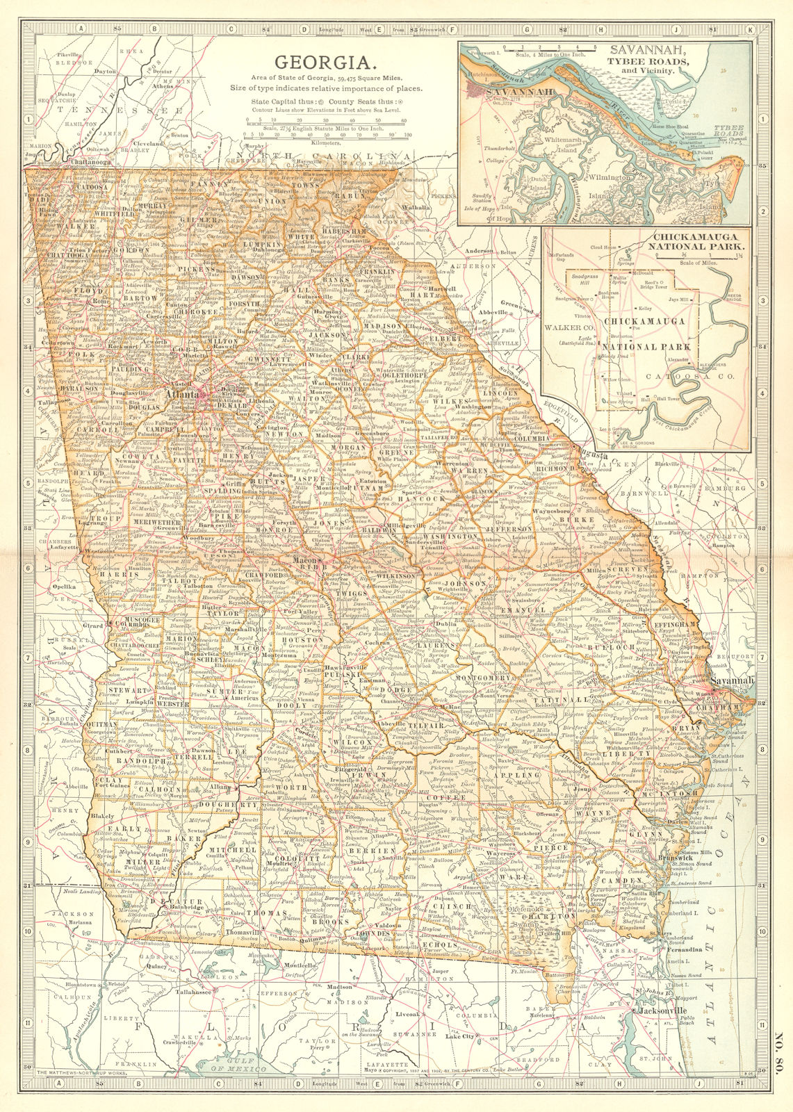 GEORGIA. with Civil war battlefields/dates. Savannah Chickamauga NP 1903 map
