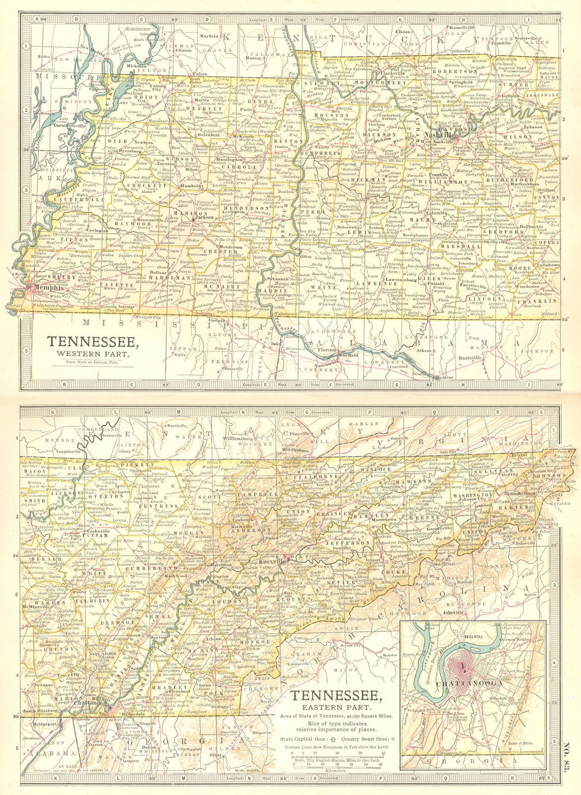 TENNESSEE. State map. Shows civil war battlefields. Inset Chattanooga 1903