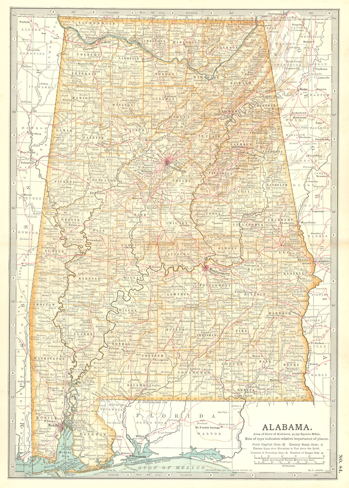 ALABAMA. State map. Counties. Shows civil war battlefields. Britannica 1903