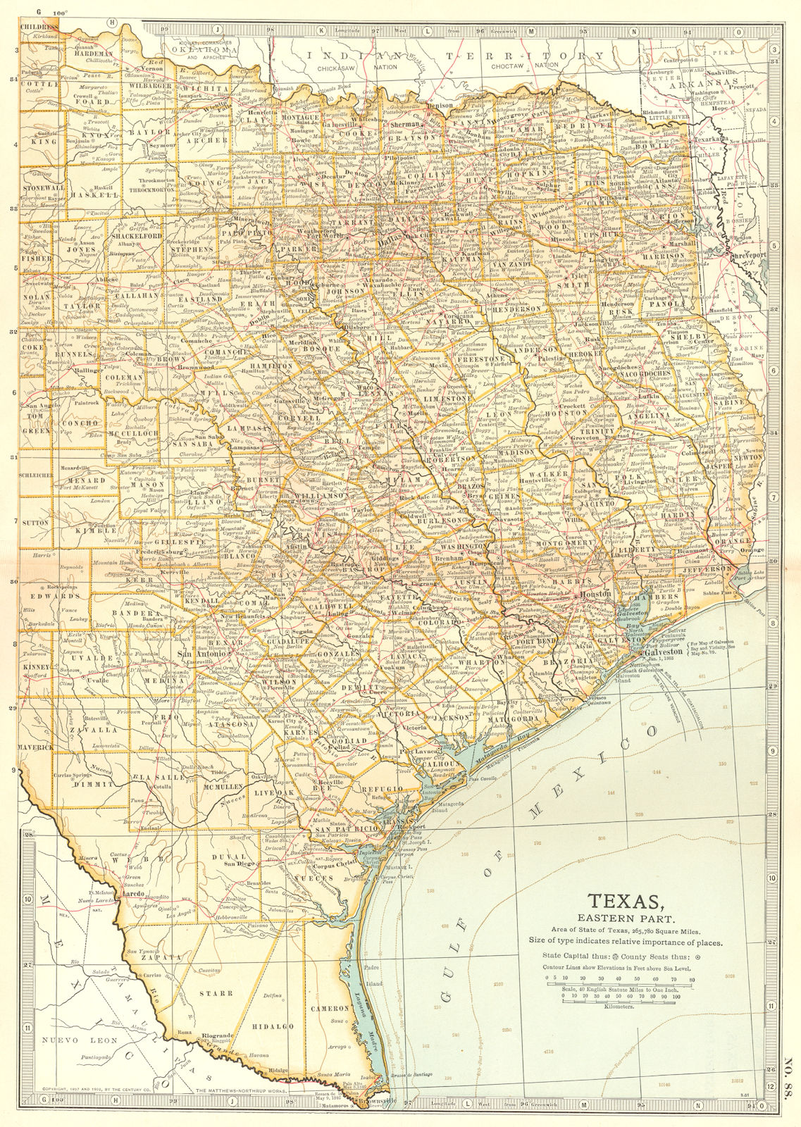 TEXAS EAST. State map. Shows Texas revolution battlefields/dates 1835-6 1903