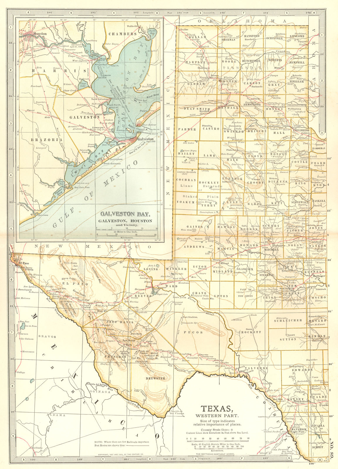 TEXAS WEST. State map showing counties. Inset Galveston Bay, Houston 1903